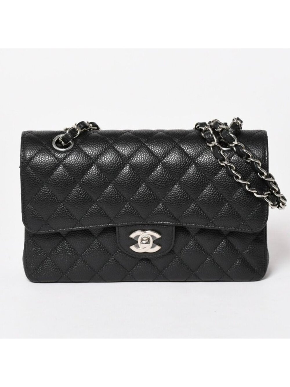 Chanel Quilted 23 Double Flap Chain Shoulder Bag Caviar Leather CC Logo Silver